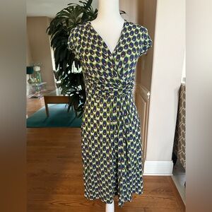 💙💚Boden Green & Blue Mod Floral Print  Mock-Wrap Dress Flutter Cap Sleeves 8💚💙